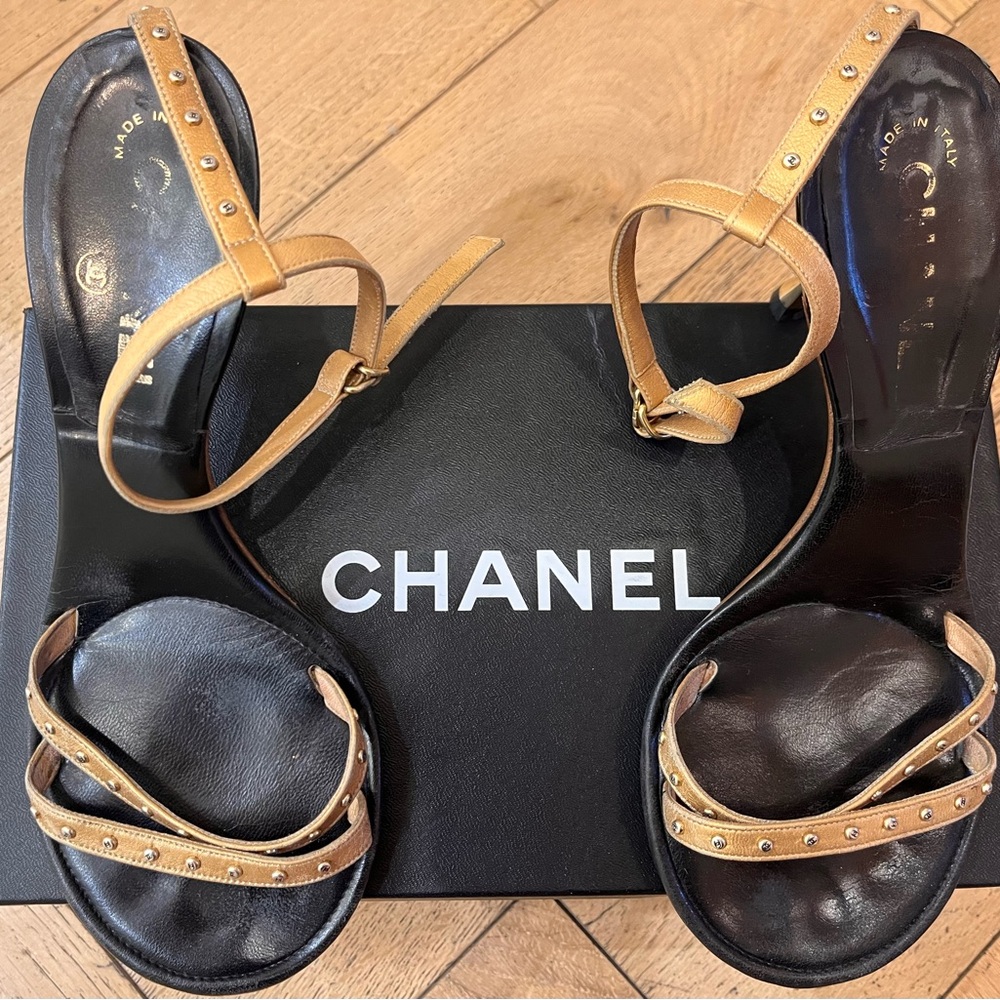 Authentic CHANEL Black and Gold Leather CC Studded Heels Size 37